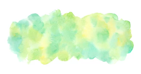 Poster Spring, summer, eco, nature, Easter watercolor background with yellow, grass green, emerald stains. Long, elongated, rounded rectangle shape. Light colors. Hand drawn abstract  blotchy aquarelle fill. © Elena Panevkina