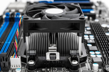 Cpu fan on motherboard. Close up.