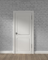 Modern loft white door and white brick wall on wooden floor. 3D rendering