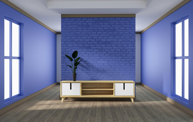 cabinet design, modern living room with purple brick wall on white wooden floor. 3d rendering