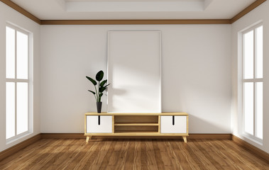 Tv cabinet in modern empty room Japanese - zen style,minimal designs. 3D rendering