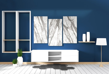 cabinet design, modern living room with dark blue wall on white wooden floor. 3d rendering