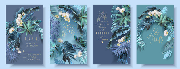 Vector vertical wedding invitation card set with turquoise tropical leaves and orchid flowers. Save the date and R.S.V.P. botany design for wedding ceremony. Can be used for cosmetics, beauty salon