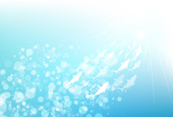 Blurry ocean and fishes swim fresh blue Bokeh stars shiny nature sea concept abstract background vector illustration