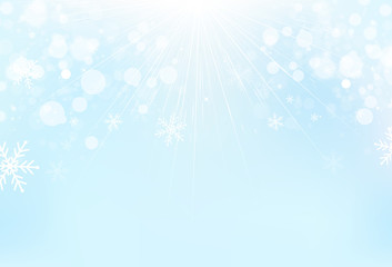 Winter season, snowflakes with light rays and stars scatter sparkle on blue sky magical concept abstract background vector illustration