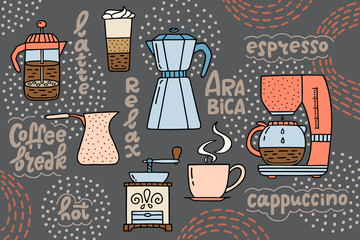 Coffee maker, the American press, coffee machine, cup of espresso, latte, and grinder