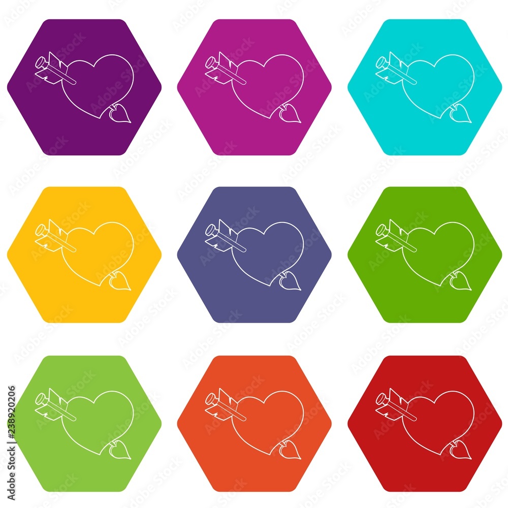 Poster heart with arrow icons 9 set coloful isolated on white for web