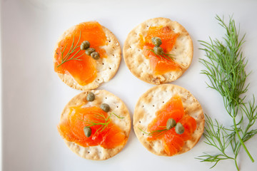 cured salmon appetizer plate, with capers, dill and crackers, plated for a party