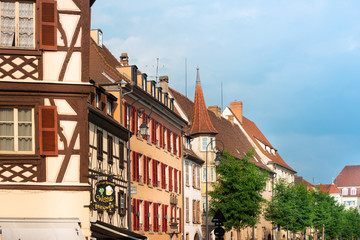 Obraz premium COLMAR, FRANCE - June 29, 2018: Antique building view in Old Town Colmar, Alsace, France