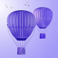Obraz premium Large colored balloons soar against the bright sky and birds. Vector illustration for your design.