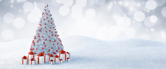 Weißer Weihnachtsbaum mit Geschenken im Schnee