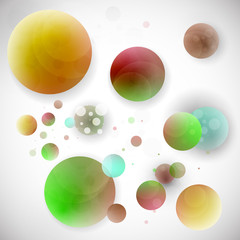 Multicolored, voluminous, bright, variegated balls and circles on a gray background. Modern abstract background for your design. Vector graphics.