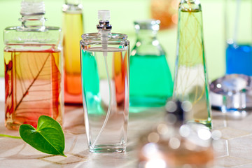 Care cosmetics with a leaf in the bathroom