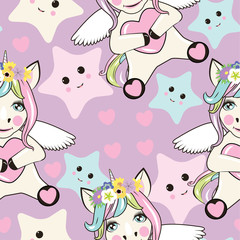 A pattern with small unicorns with wings on the background