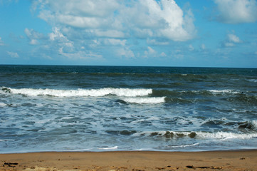 Small waves wash the sandy beach in the Indian Ocean against the blue sky with white clouds
