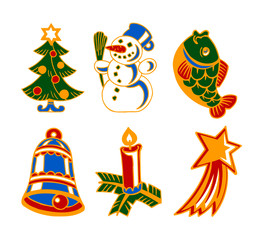 christmas icons christmas tree snowman carp bell candle comet
