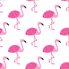 Pink flamingos seamless pattern on white background. Standing posture. Zoo bird park. Vector design illustration.