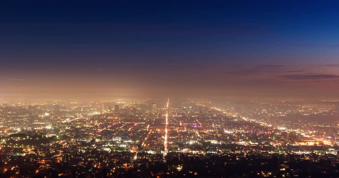 Los Angeles Grid Scenic Sunset Time-lapse View Closeup. a timelapse of Los Angeles at night from the observatory view looking down on the grid of the city