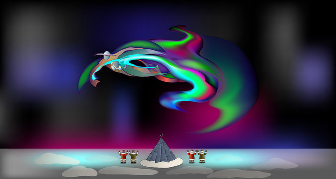 Fantastic image of the Northern lights. Evenks, Yurt and Northern lights in the dark sky.