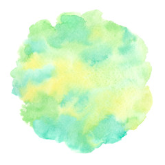 Spring, summer, eco, nature, Easter watercolor background with yellow, grass green, emerald aquarelle stains. Rounded, uneven circle shape. Soft pastel colors. Hand drawn abstract watercolour fill.