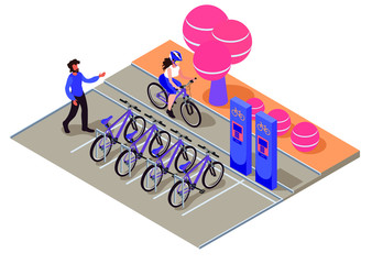 Isometric composition with electronic bicycle renting station. Bicycle parking in park near alley, walking path. Concept isolated table with bike sharing. Womаn cycling, man take a bicycle for rent