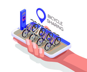 Smartphone in human hand. Isometric flat design template. Bicycle sharing system with use smartphone for rent. Smart service for rent bicycles in the city. Mobile app