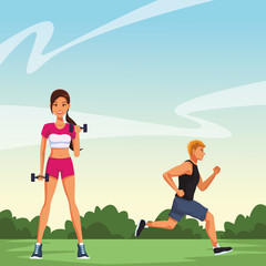 fitness woman lifting dumbbells and man running