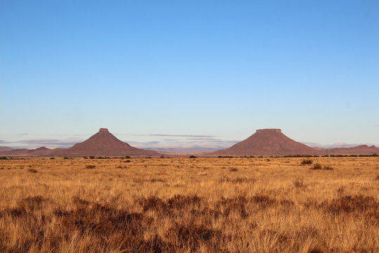Two well known flat top mountains in the central Karoo called Koffiebus and Teebus, South Africa.