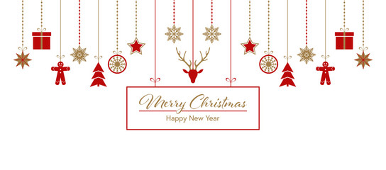 Naklejka na ściany i meble Merry Christmas. Winter holiday greeting card with red and gold ornamental border. Hanging Christmas symbols on white. Vector illustration 
