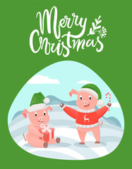 Merry Christmas Lettering Wishes and Piglets Gifts