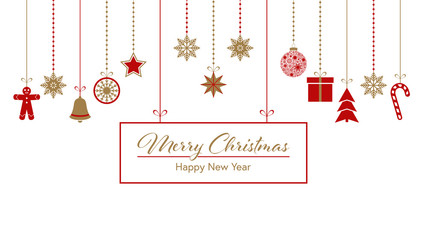 Fototapeta na wymiar Merry Christmas. Winter holiday greeting card with red and gold ornamental border. Hanging Christmas symbols on white. Vector illustration 