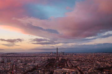 Fototapeta na wymiar aerial view of the city of paris and the eiffel tower at sunset in france