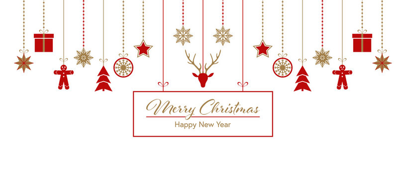 Merry Christmas. Winter holiday greeting card with red and gold ornamental border. Hanging  Christmas symbols on white. Vector illustration 