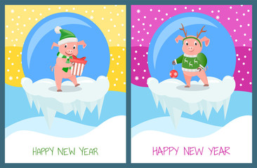 Pig on Winter Snowy Landscape Wishes Happy Holiday