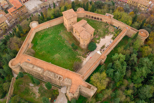 Afternoon aerial panorama of Cesena in Emilia Romagna Italy near Forli and Rimini, with medieval Gothic Malatestiana castle, Piazza del Popolo