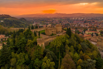 Sunset aerial panorama of Cesena in Emilia Romagna Italy near Forli and Rimini, with the medieval...