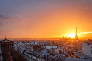 aerial view from the heights on paris and the eiffel tower at sunset