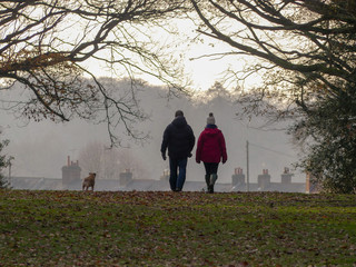 Dog walking couple on Chorleywood Common in winter, Hertfordshire, UK