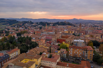 Sunset aerial panorama of Cesena in Emilia Romagna Italy near Forli and Rimini, with the medieval...