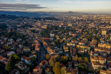 Morning aerial panorama of Cesena in Emilia Romagna Italy near Forli and Rimini, with medieval Malatestiana castle, Piazza del Popolo and Roman Catholic churches and cathedral