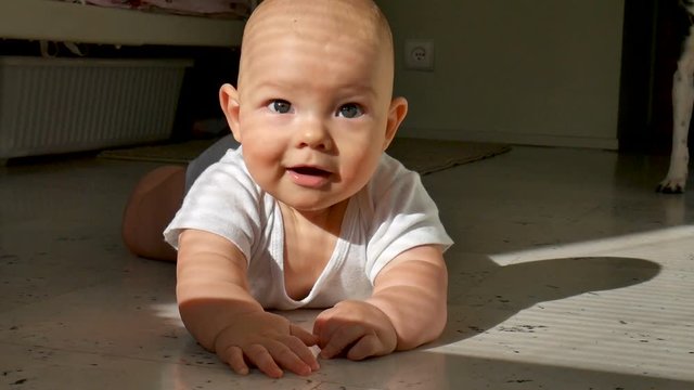 Cute six-month old baby is lying on the floor smiling cheerfully. The child knocks a brook on the floor and vigorously jerks legs