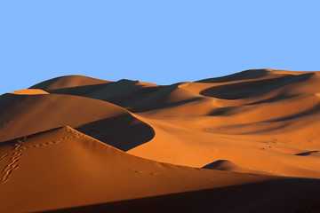 Fototapeta na wymiar Moroccan Sahara sand dunes and shadows at sunset