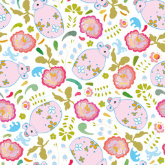 White repeat vector pattern with pink mouse and purple folk art blossoms. Seamless easter pattern. Surface pattern design.