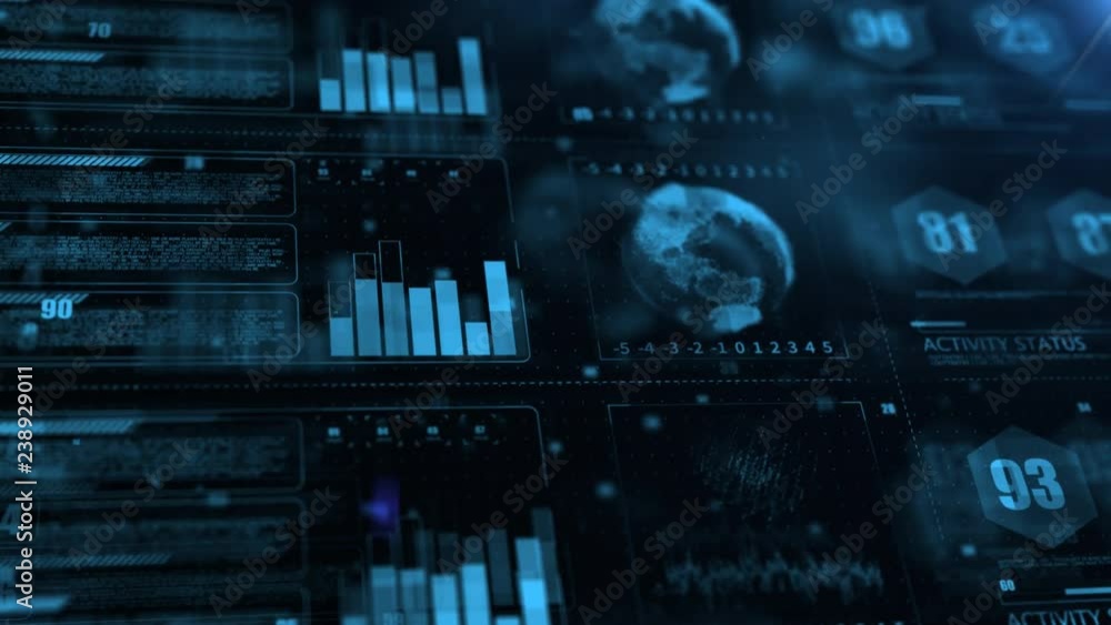 Poster motion graphics background with animated blue bar graphs, holographic planets, figures and statistic