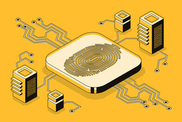 Digital security access with biometrics data isometric vector concept with fingerprint sensor or scanner connected to computers or network servers illustration. Cryptocurrency blockchain technology