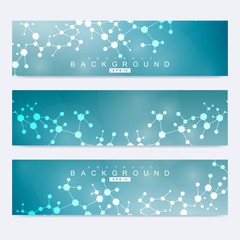 Fototapeta na wymiar Scientific set of modern vector banners. DNA molecule structure with connected lines and dots. Scientific and technology concept. Wave flow graphic background for your design. Vector illustration.