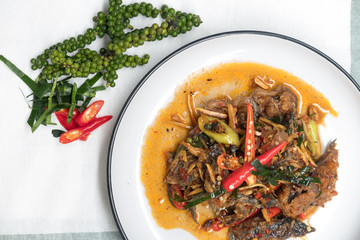 Spicy fried catfish with spicy Thai herbs food