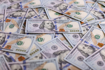 American dollars in one hundred banknotes. Lot of dollars close up