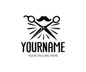 Barber shop, scissors and mustache, retro and vintage style, logo design. Hair salon and fashion, vector design and illustration