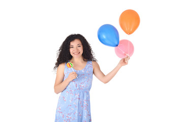 Beautiful Woman with sweet lollipop and baloons.